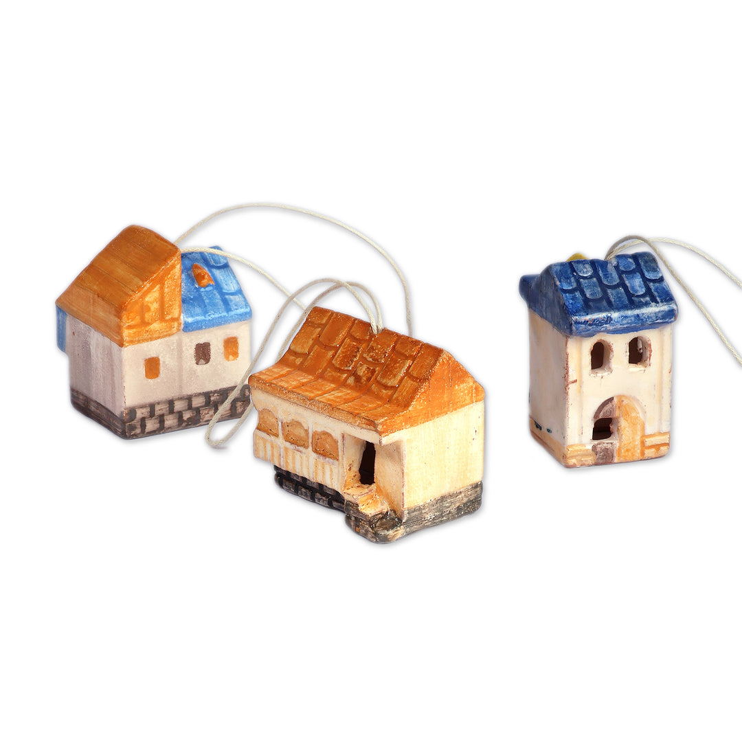 3 Painted Glazed Armenian Cottage-Themed Ceramic Ornaments - Festive Cottages