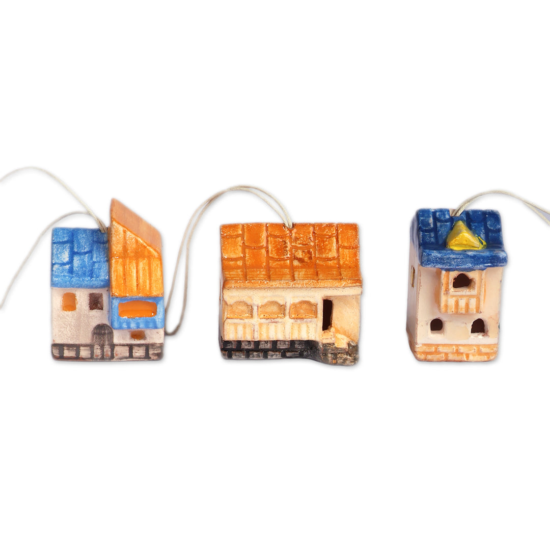 3 Painted Glazed Armenian Cottage-Themed Ceramic Ornaments - Festive Cottages