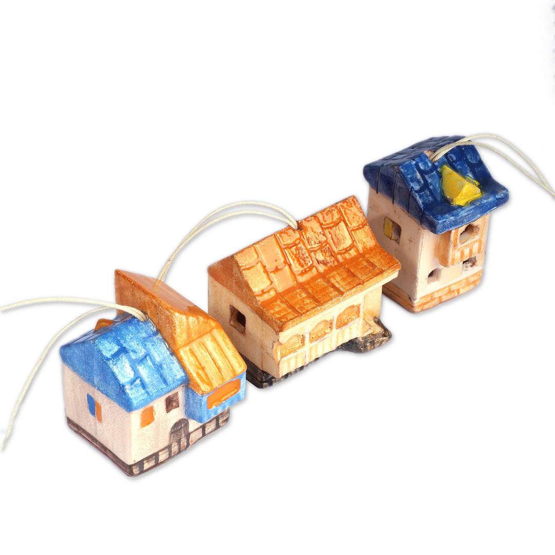 3 Painted Glazed Armenian Cottage-Themed Ceramic Ornaments - Festive Cottages