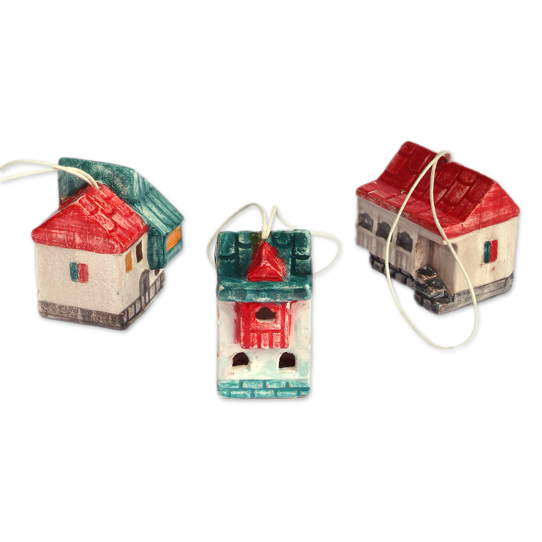 3 Hand-Painted Glazed Armenian Cottage Ceramic Ornaments - Christmas Cottages