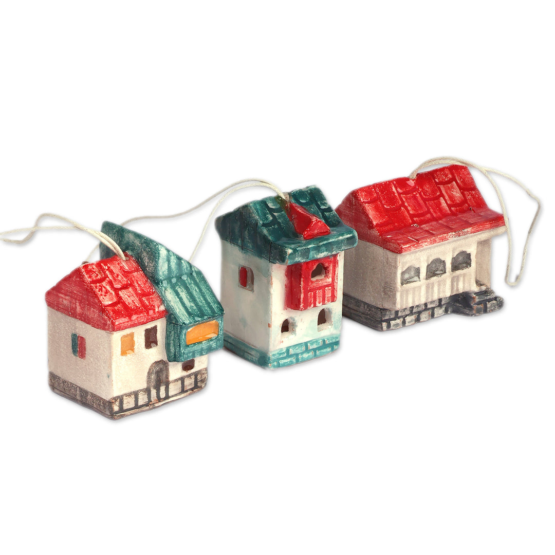 3 Hand-Painted Glazed Armenian Cottage Ceramic Ornaments - Christmas Cottages