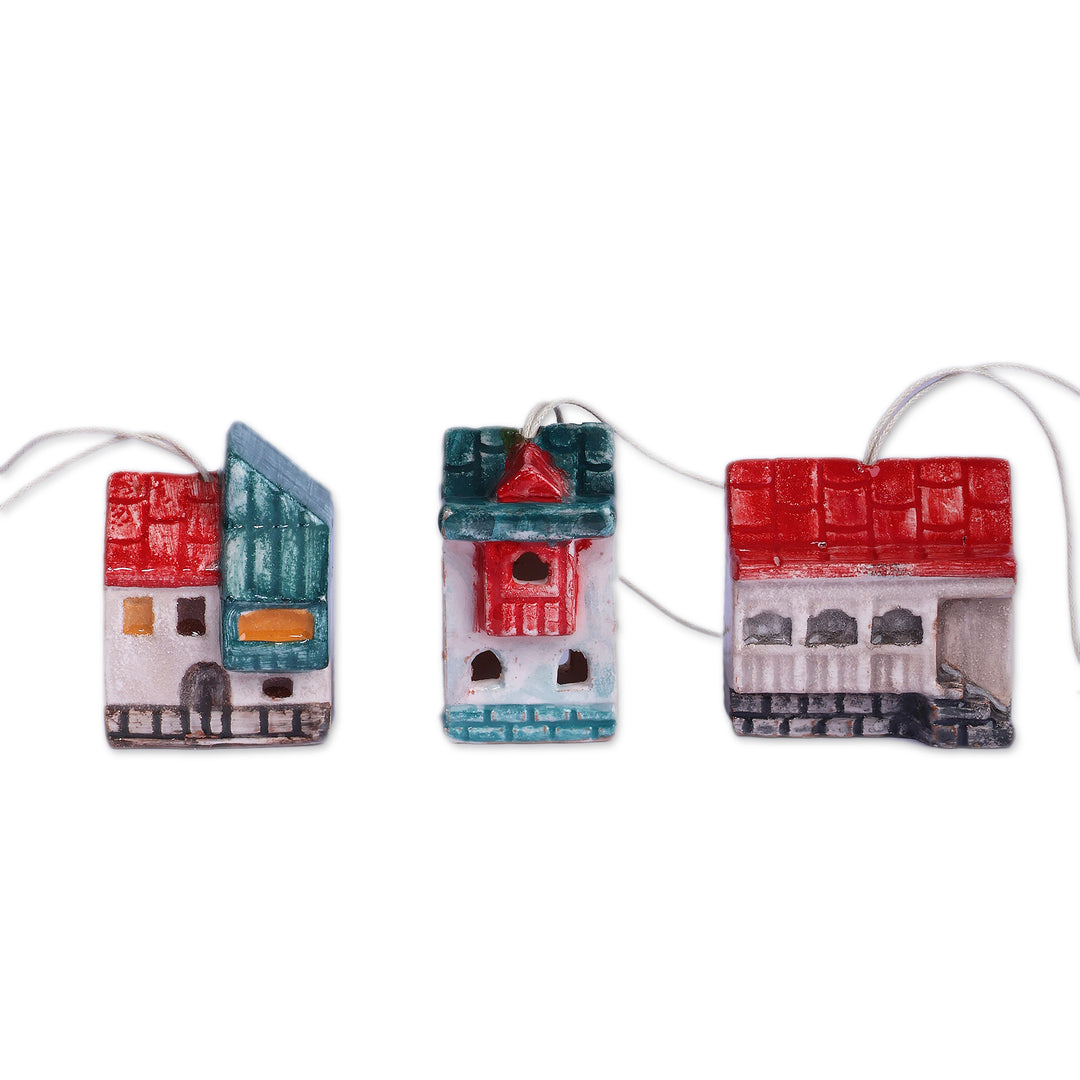 3 Hand-Painted Glazed Armenian Cottage Ceramic Ornaments - Christmas Cottages