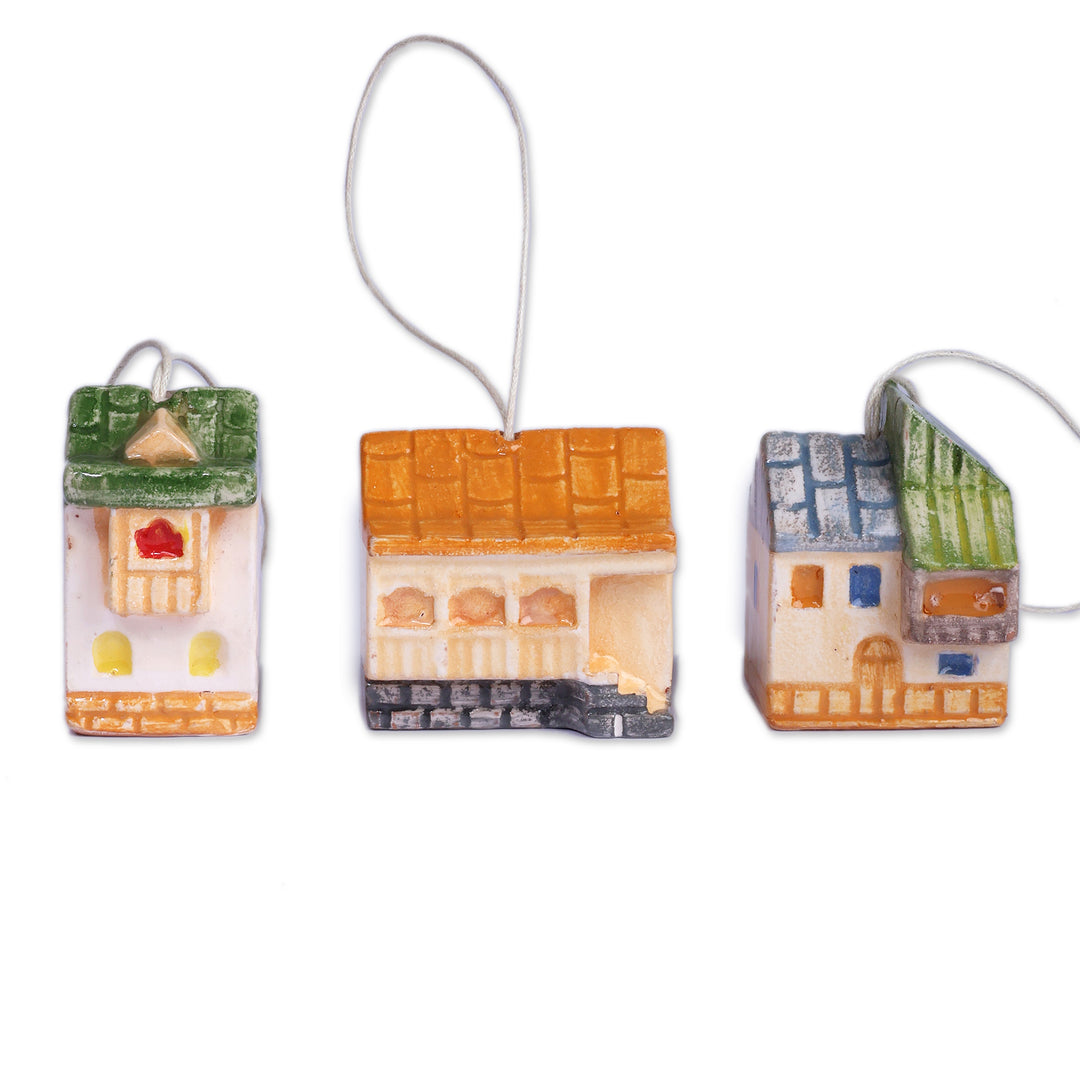 Set of 3 Hand-Painted Glazed Cottage Ceramic Ornaments - Holiday Cottages