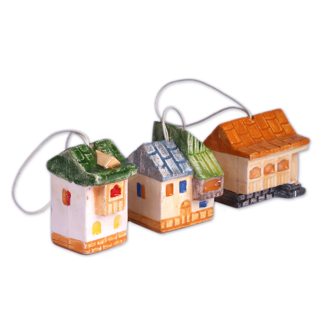 Set of 3 Hand-Painted Glazed Cottage Ceramic Ornaments - Holiday Cottages