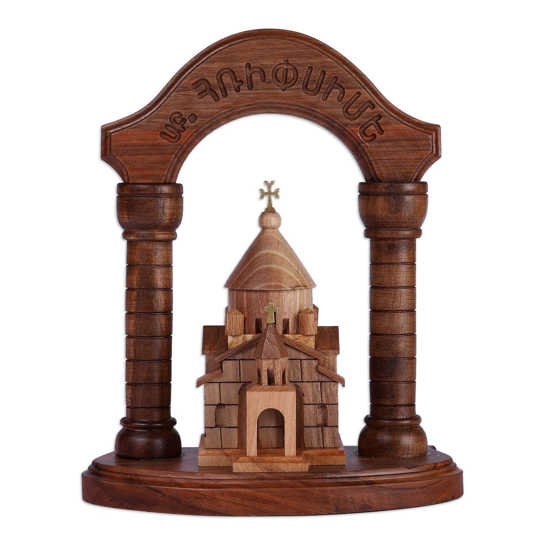 Carved Armenian Arch and Saint Hripsime Beech Wood Sculpture - Saint Hripsime with Arch