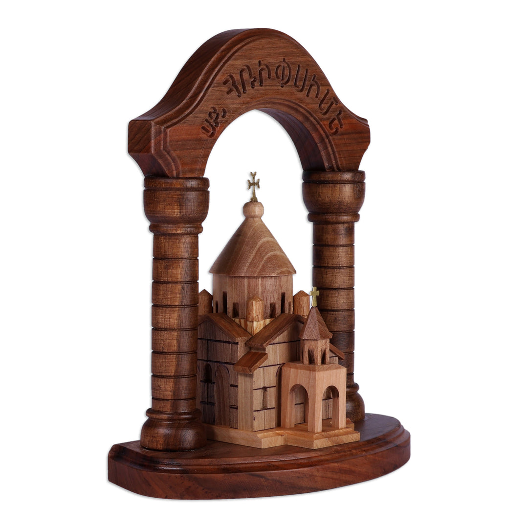 Carved Armenian Arch and Saint Hripsime Beech Wood Sculpture - Saint Hripsime with Arch