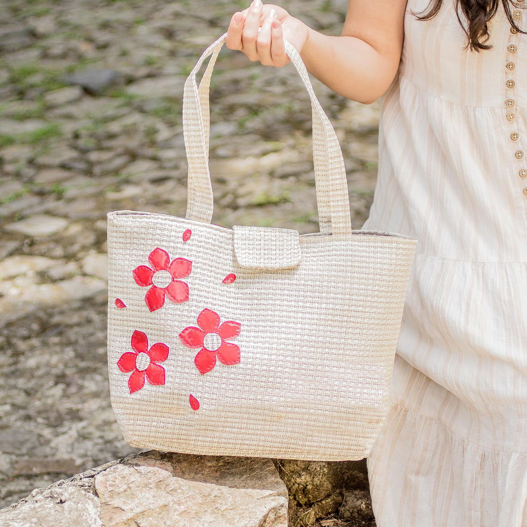 Beige and Brown Tote Bag with Red Floral Applique Accents - Floral Tenderness