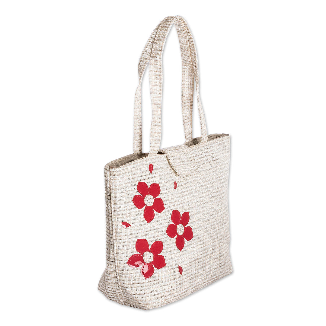 Beige and Brown Tote Bag with Red Floral Applique Accents - Floral Tenderness