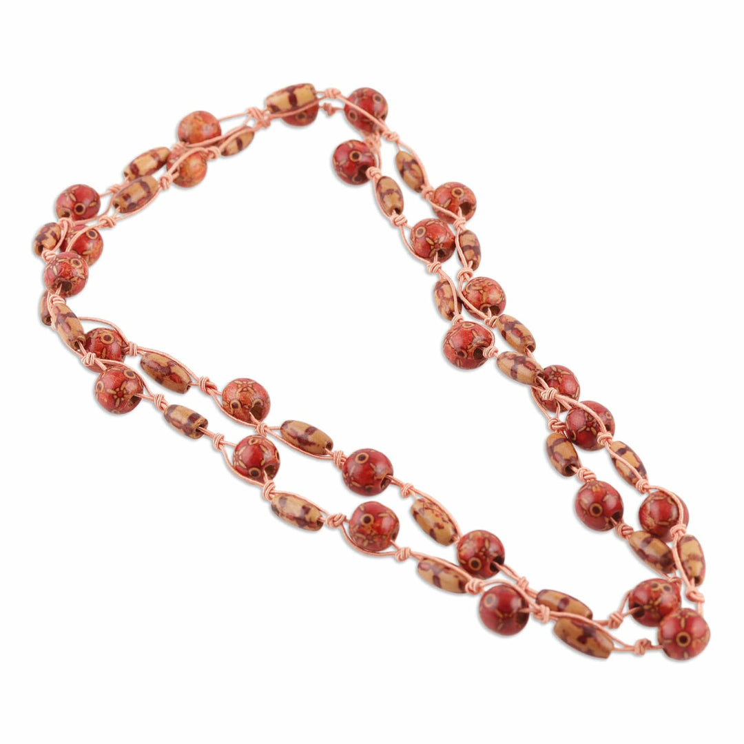 Bohemian Brown and Red Haldu Wood Beaded Station Necklace - Fire Glam