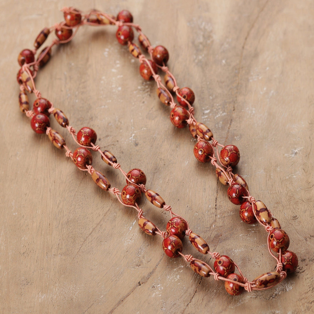 Bohemian Brown and Red Haldu Wood Beaded Station Necklace - Fire Glam
