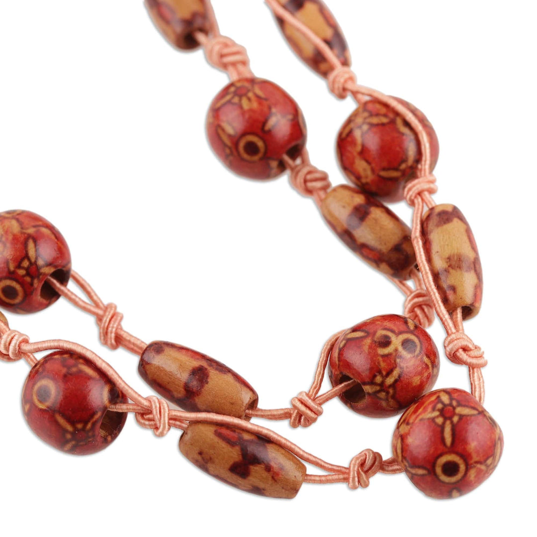 Bohemian Brown and Red Haldu Wood Beaded Station Necklace - Fire Glam
