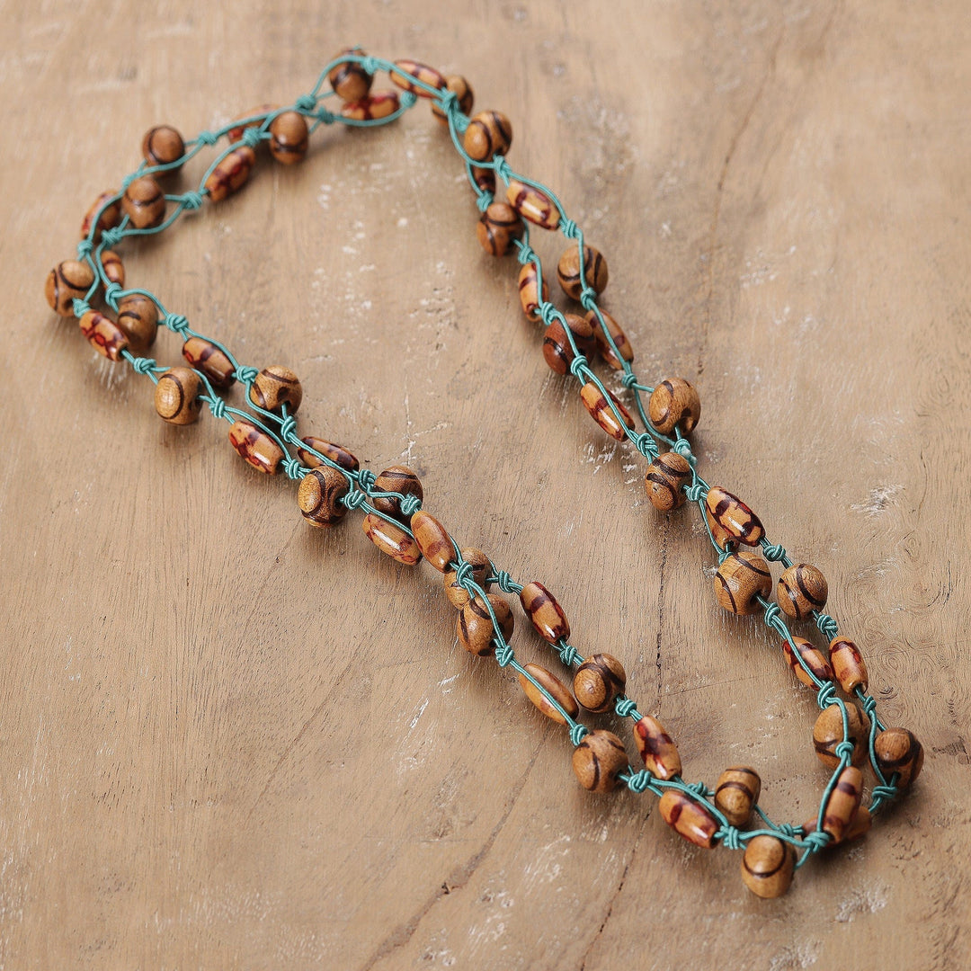 Bohemian Turquoise and Brown Wood Beaded Station Necklace - Island Glam