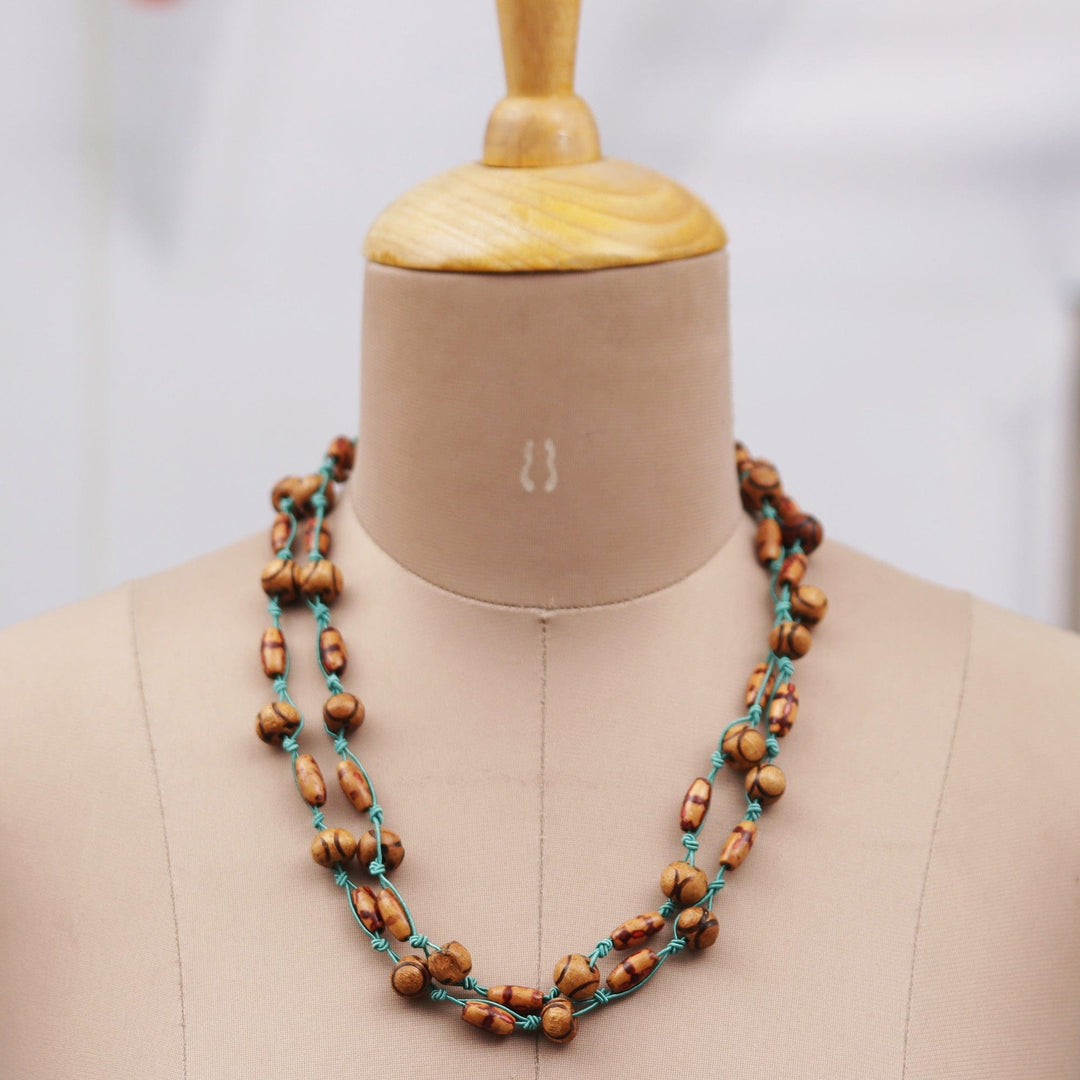 Bohemian Turquoise and Brown Wood Beaded Station Necklace - Island Glam