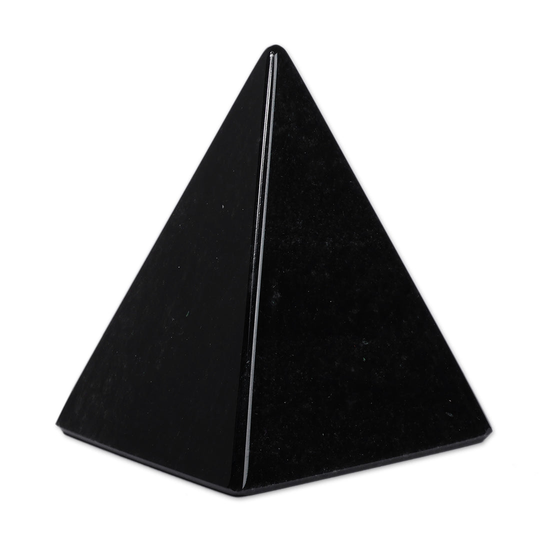 Hand-Carved Black and Silver Obsidian Pyramid Sculpture - Vestiges of Magnificence