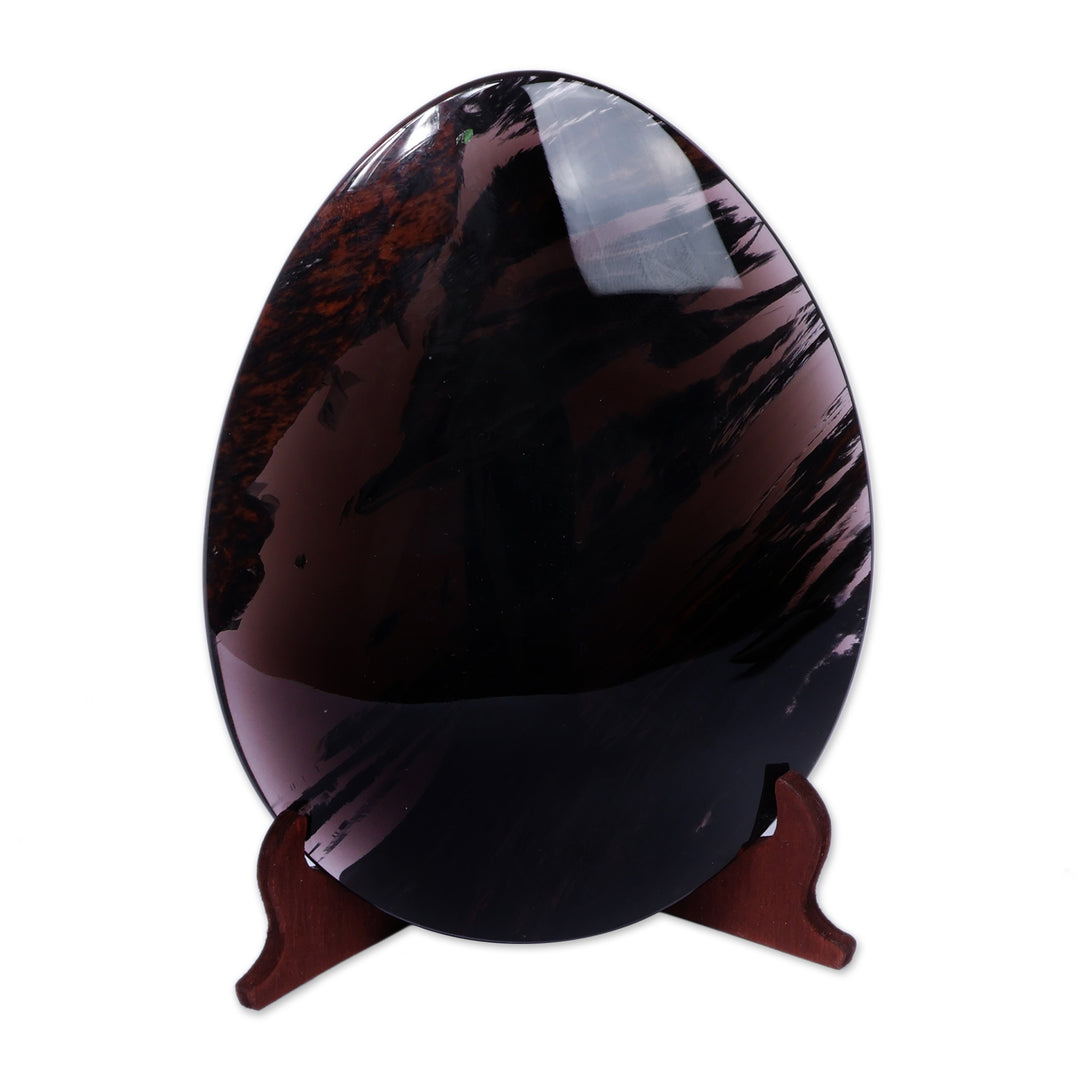 Polished Oval Black and Brown Obsidian Sculpture with Stand - First Treasure