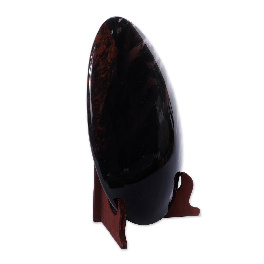 Polished Oval Black and Brown Obsidian Sculpture with Stand - First Treasure
