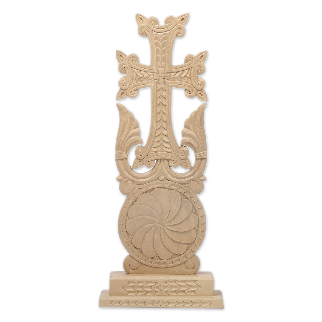 Fair Trade Folk Art Walnut Wood Cross Sculpture from Armenia - Perennial Faith