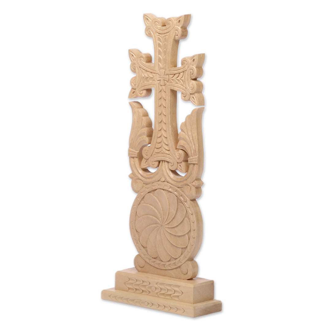 Fair Trade Folk Art Walnut Wood Cross Sculpture from Armenia - Perennial Faith