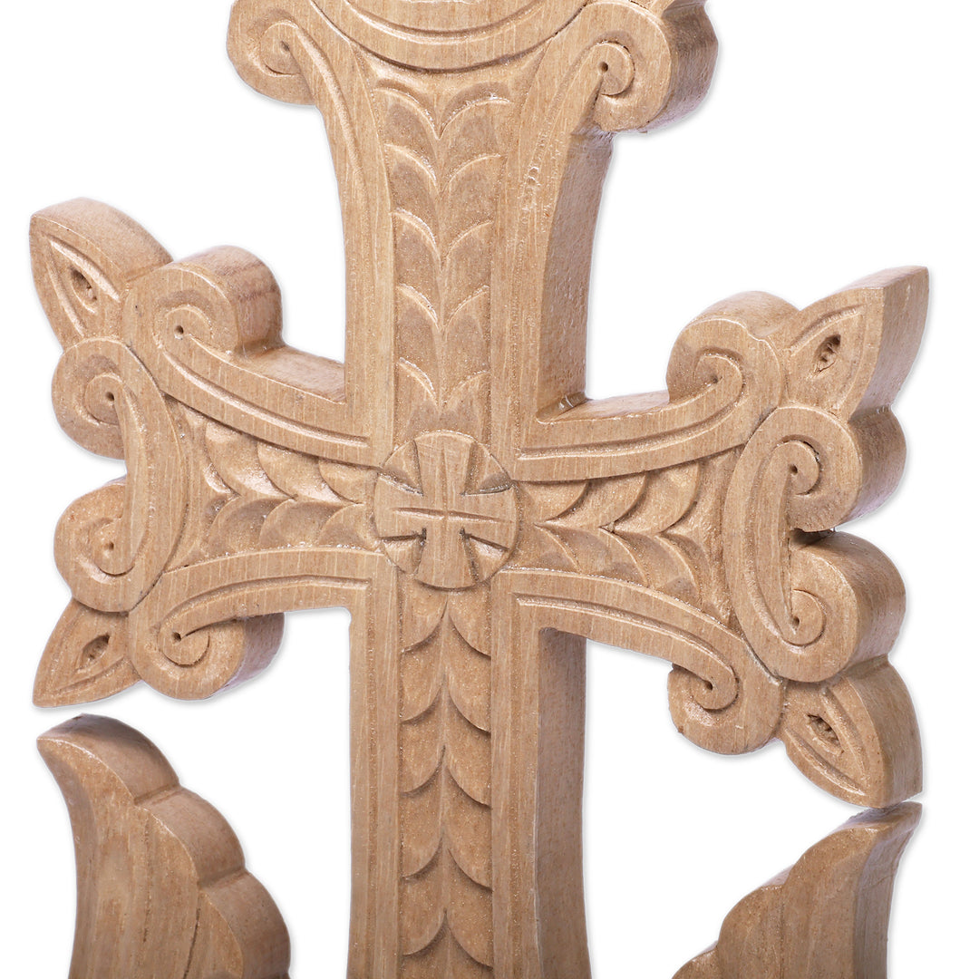 Fair Trade Folk Art Walnut Wood Cross Sculpture from Armenia - Perennial Faith