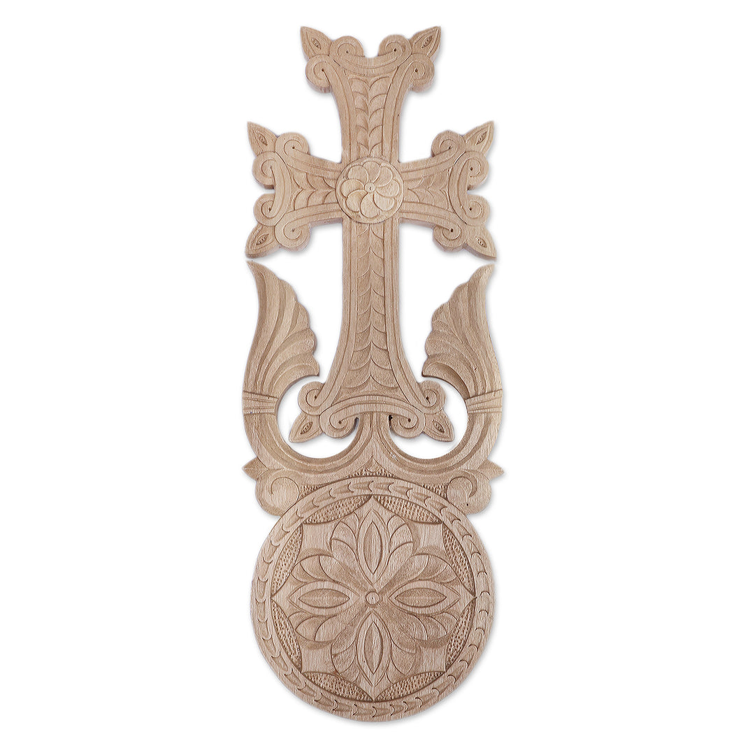 Folk Art Armenian-Themed Jugha Cross Walnut Wood Wall Accent - Jugha Prayer