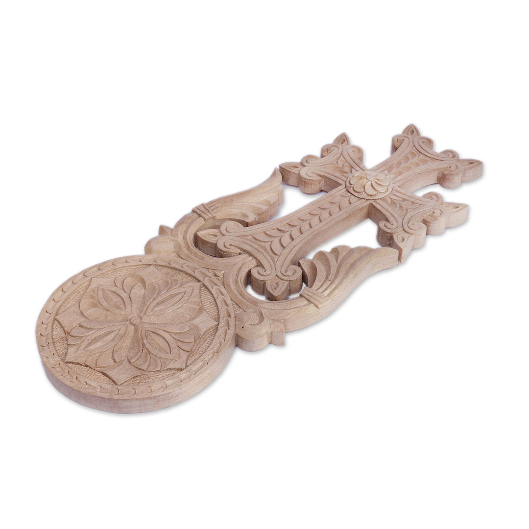Folk Art Armenian-Themed Jugha Cross Walnut Wood Wall Accent - Jugha Prayer