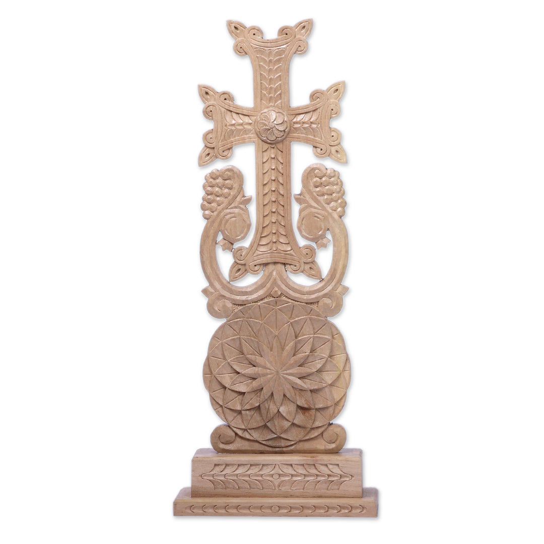 Hand-Carved Cross and Floral-Themed Walnut Wood Sculpture - Flower of Splendor
