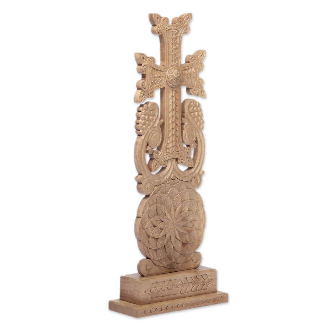 Hand-Carved Cross and Floral-Themed Walnut Wood Sculpture - Flower of Splendor