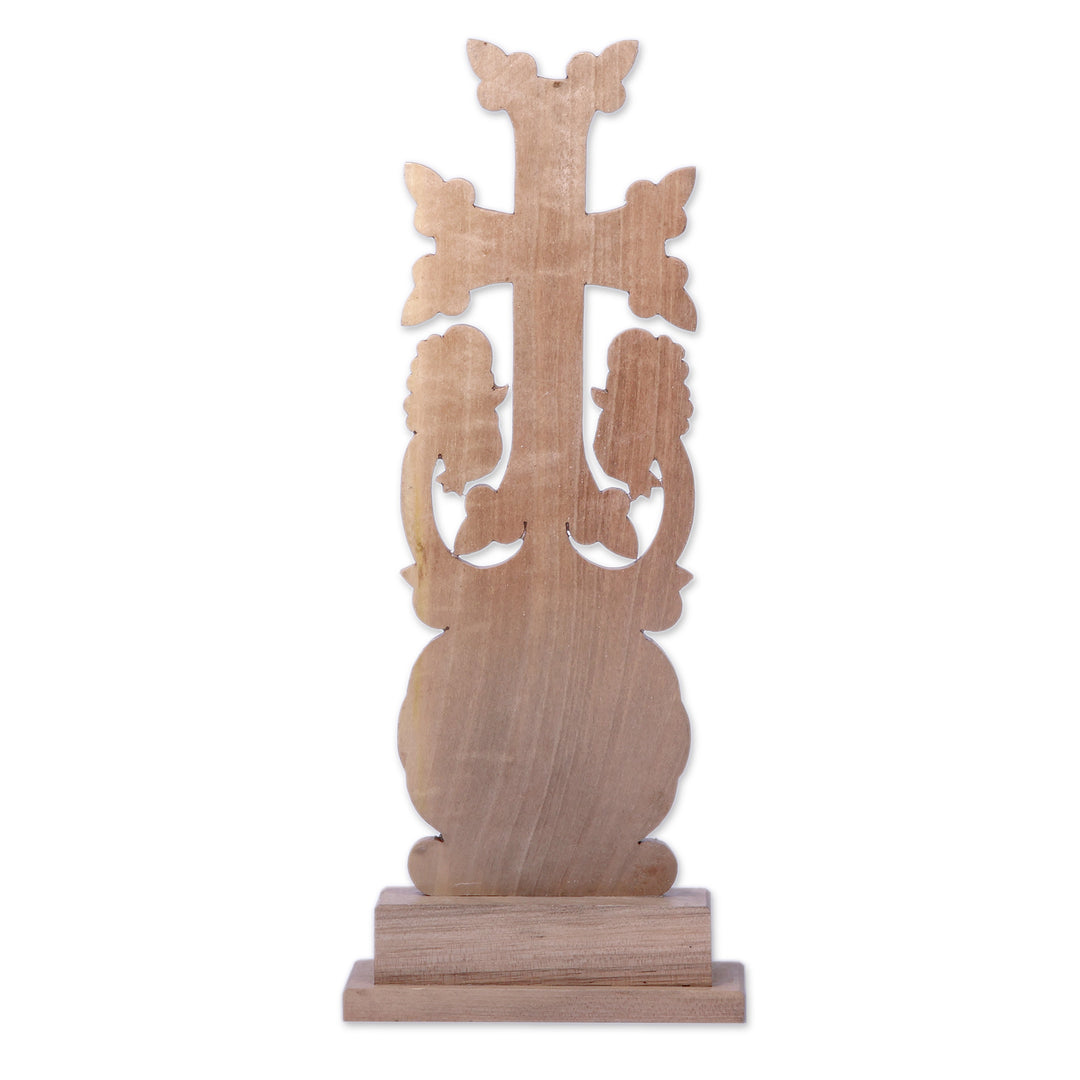 Hand-Carved Cross and Floral-Themed Walnut Wood Sculpture - Flower of Splendor