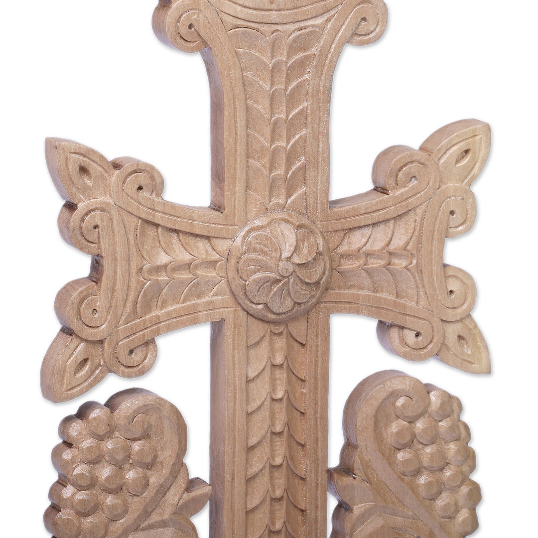 Hand-Carved Cross and Floral-Themed Walnut Wood Sculpture - Flower of Splendor