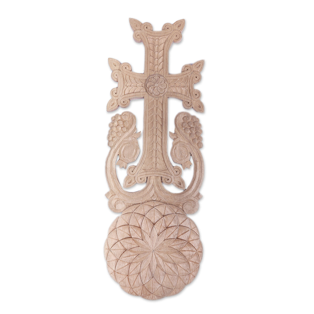 Handmade Floral Walnut Wood Cross Wall Accent from Armenia - Flower of Devotion