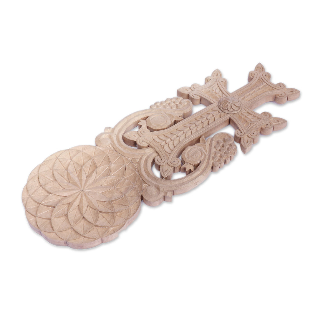 Handmade Floral Walnut Wood Cross Wall Accent from Armenia - Flower of Devotion