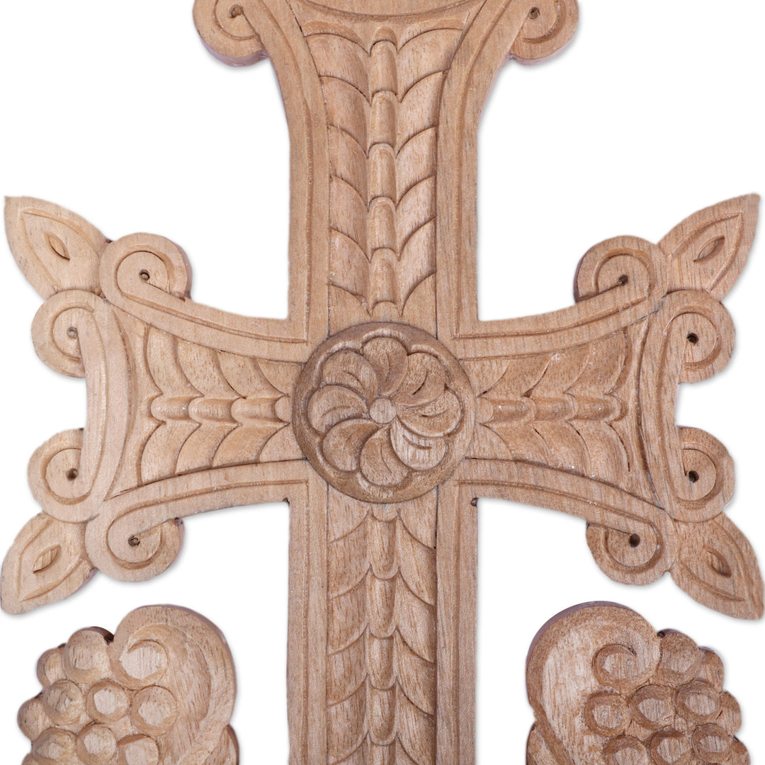 Handmade Floral Walnut Wood Cross Wall Accent from Armenia - Flower of Devotion