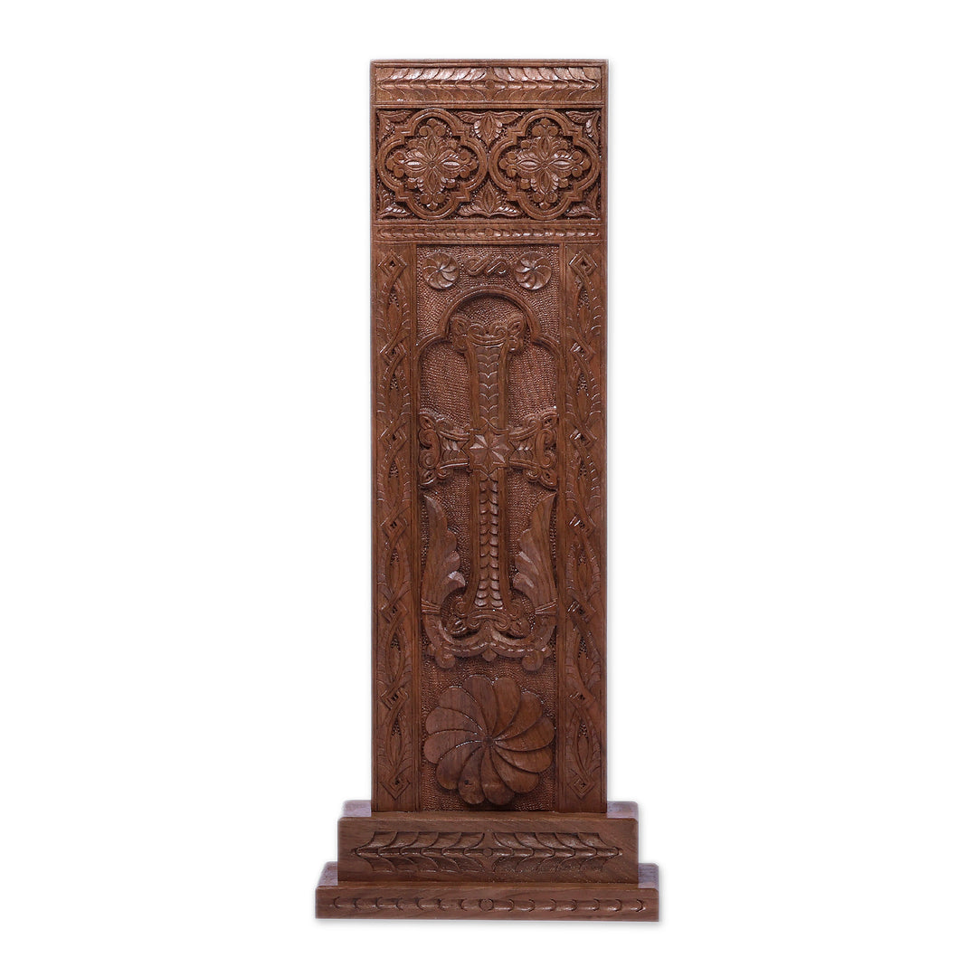 Traditional Hand-Carved Khachkar Stele Walnut Wood Sculpture - Khachkar Spirit