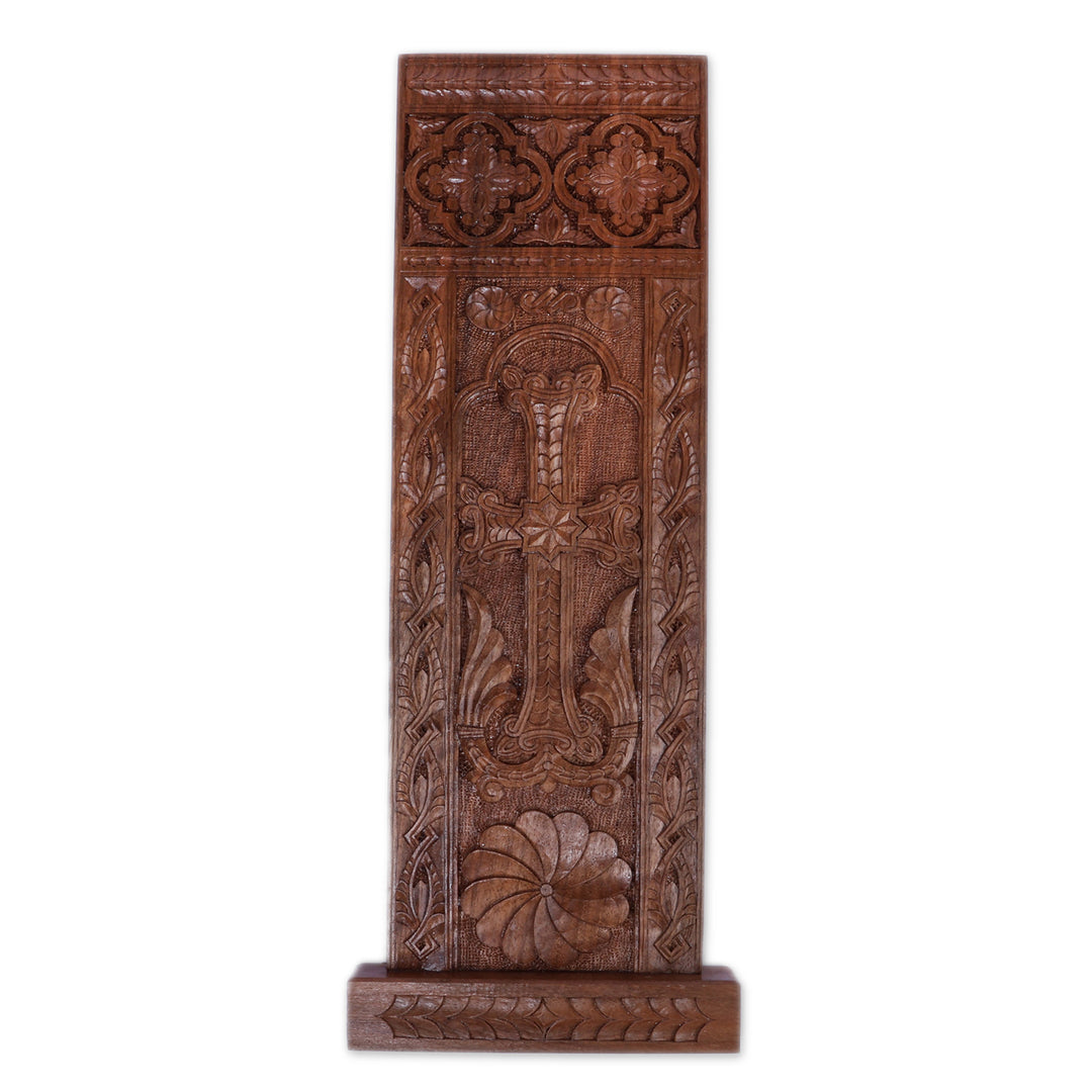 Hand-Carved Lacquered Khachkar Stele Walnut Wood Wall Accent - Khachkar Memory