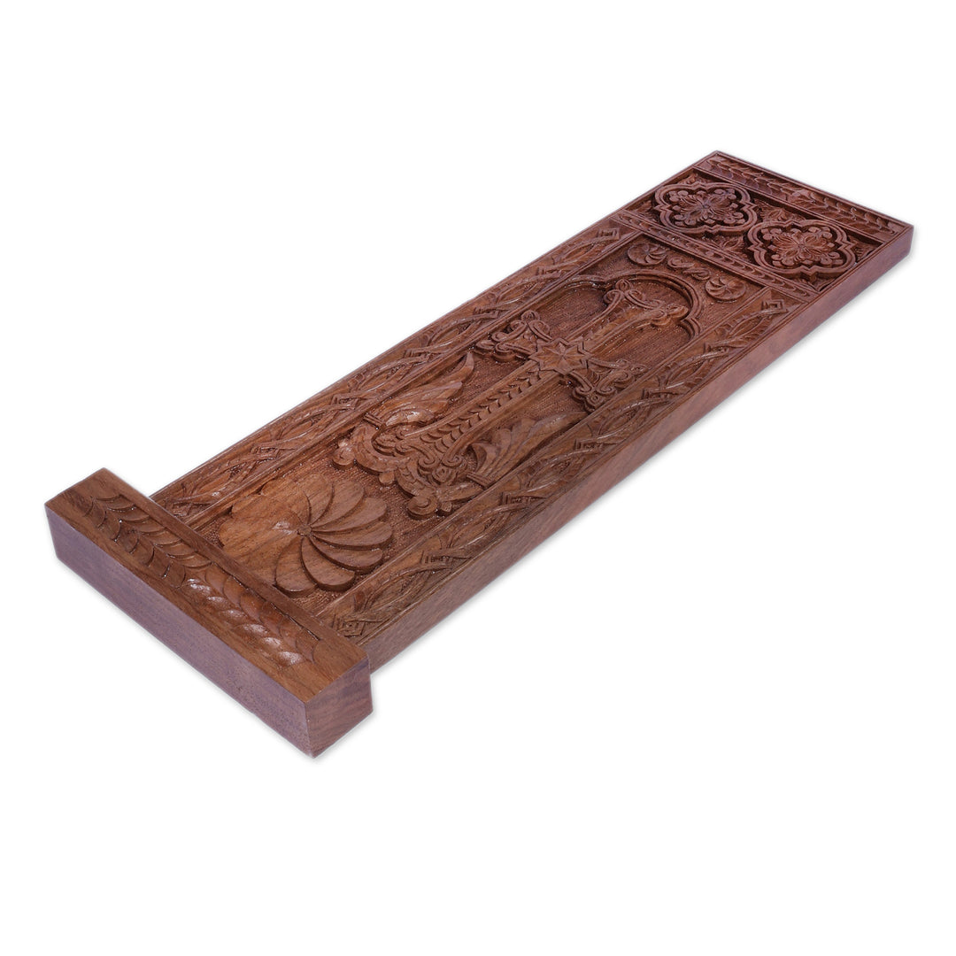 Hand-Carved Lacquered Khachkar Stele Walnut Wood Wall Accent - Khachkar Memory