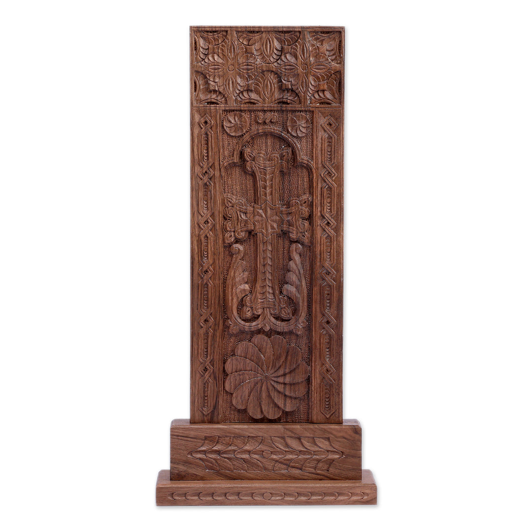 Hand-Carved Folk Art Khachkar Cross Walnut Wood Sculpture - Khachkar of Adoration