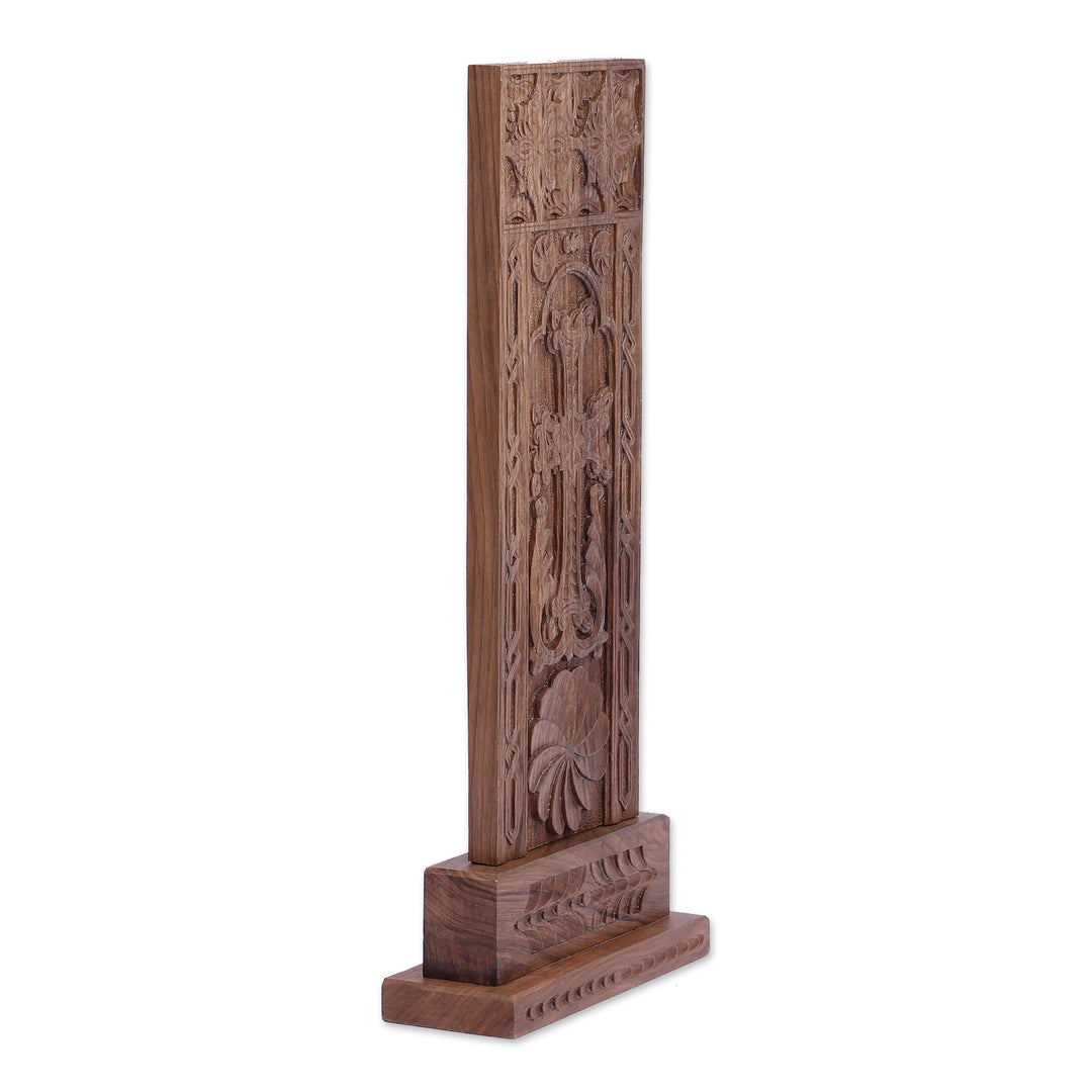 Hand-Carved Folk Art Khachkar Cross Walnut Wood Sculpture - Khachkar of Adoration