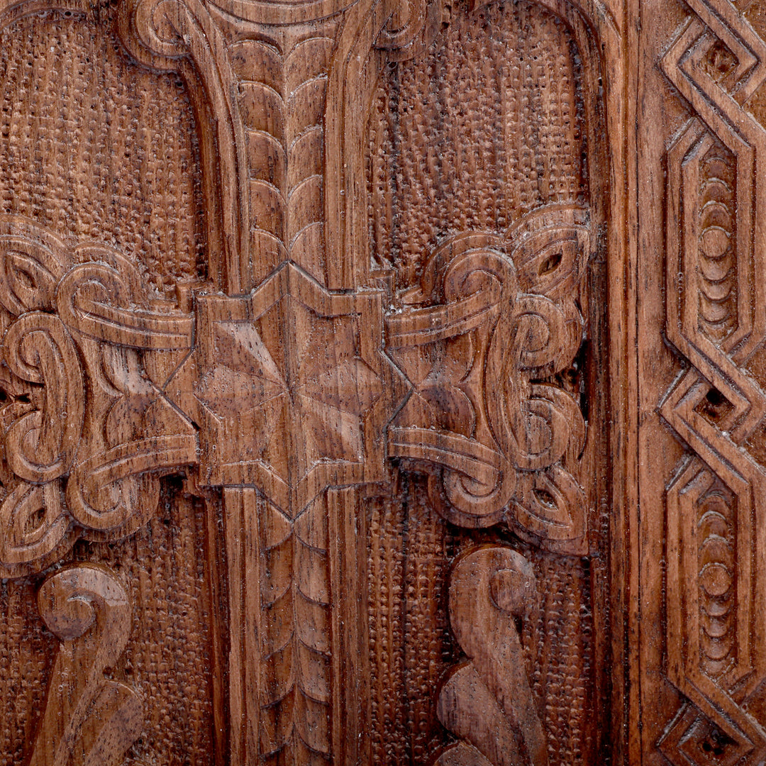 Hand-Carved Folk Art Khachkar Cross Walnut Wood Sculpture - Khachkar of Adoration