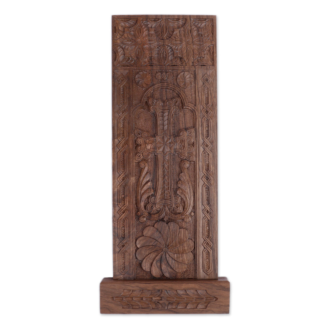 Traditional Handmade Khachkar Cross Walnut Wood Wall Accent - Khachkar of Devotion