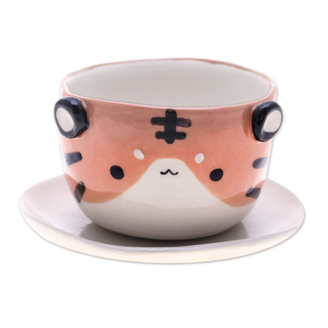 Fair Trade Tiger-Themed Mini Flower Pot and Saucer (Small) - Tiger Spring