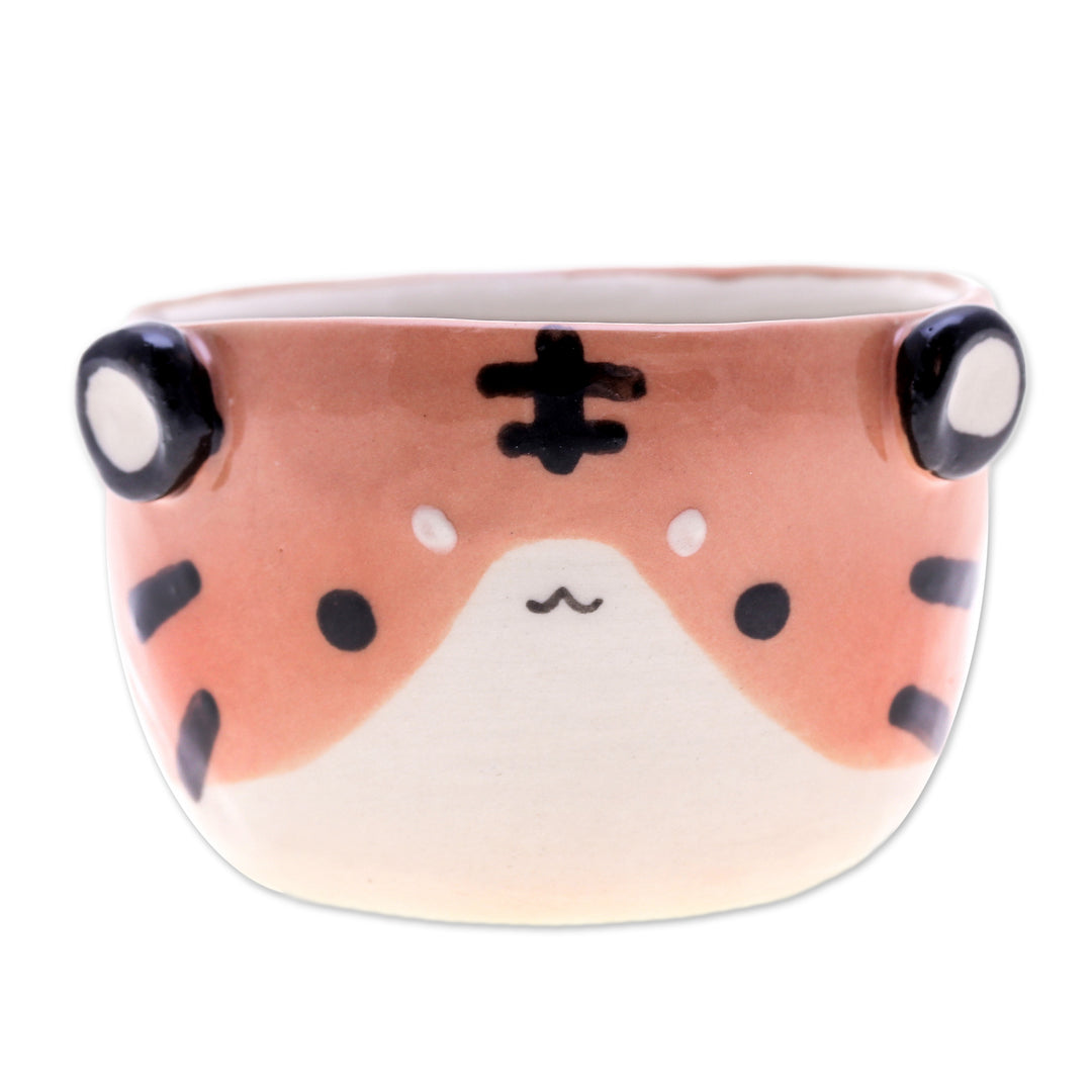 Fair Trade Tiger-Themed Mini Flower Pot and Saucer (Small) - Tiger Spring