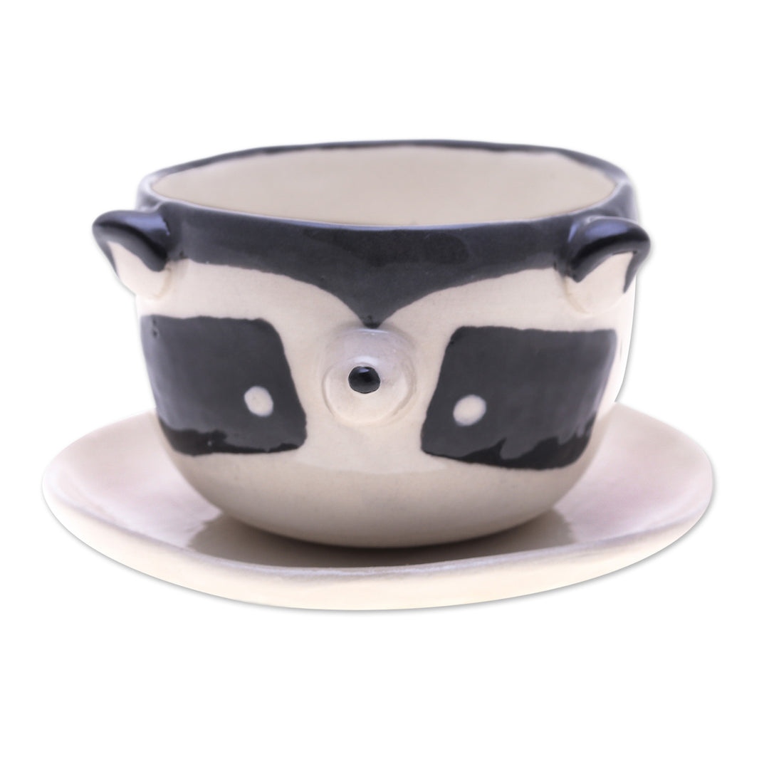 Raccoon-Themed Ceramic Mini Flower Pot and Saucer (Small) - Raccoon Spring