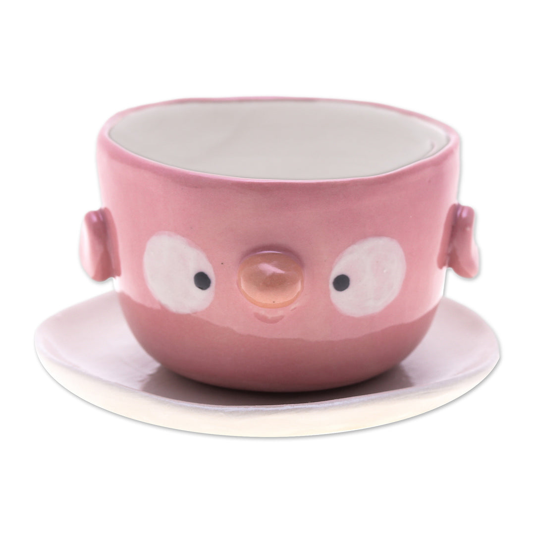 Pink Bird-Shaped Ceramic Mini Flower Pot and Saucer (Small) - Pink Bird Spring