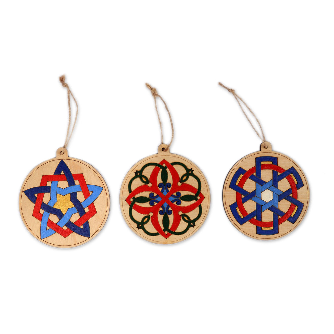 Folk Art-Themed 3-Piece Round Wood Ornament Set from Armenia - Ancient Elements
