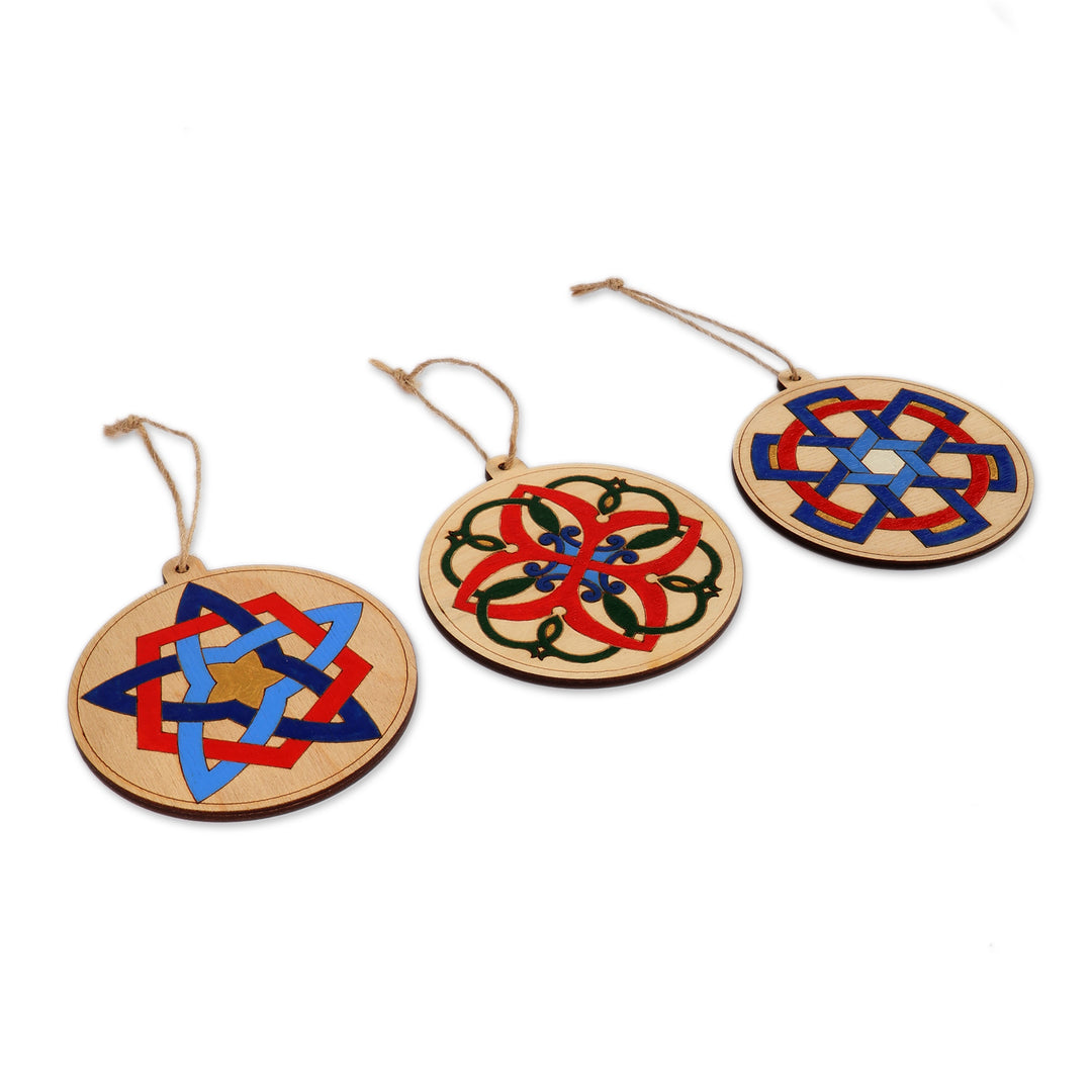 Folk Art-Themed 3-Piece Round Wood Ornament Set from Armenia - Ancient Elements