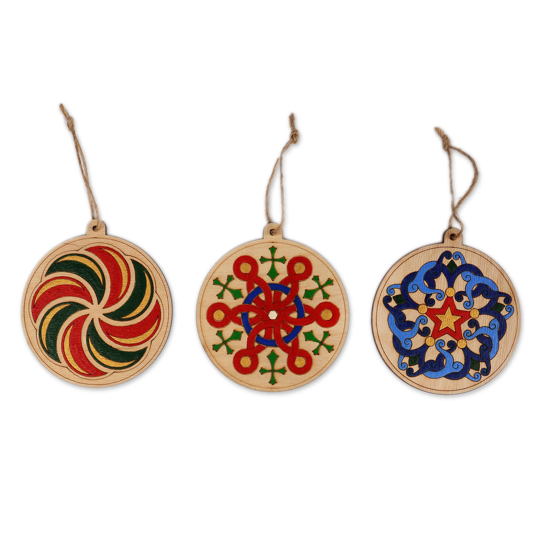 Hand-Painted 3-Piece Wood Ornament Set Crafted in Armenia - Eternal Blooms