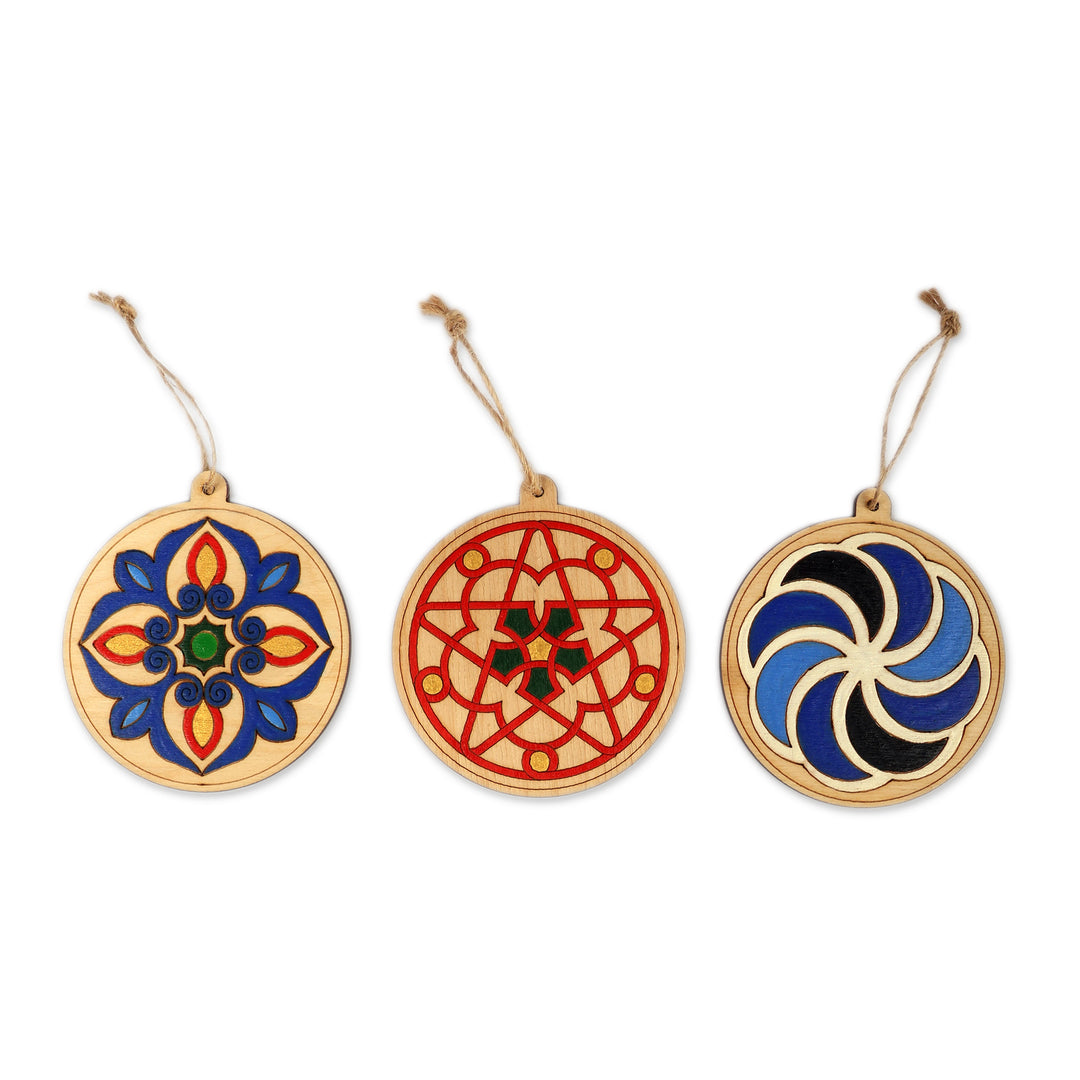 Set of 3 Folk Art-Themed Hand-Painted Round Wood Ornaments - Eternal Legacy