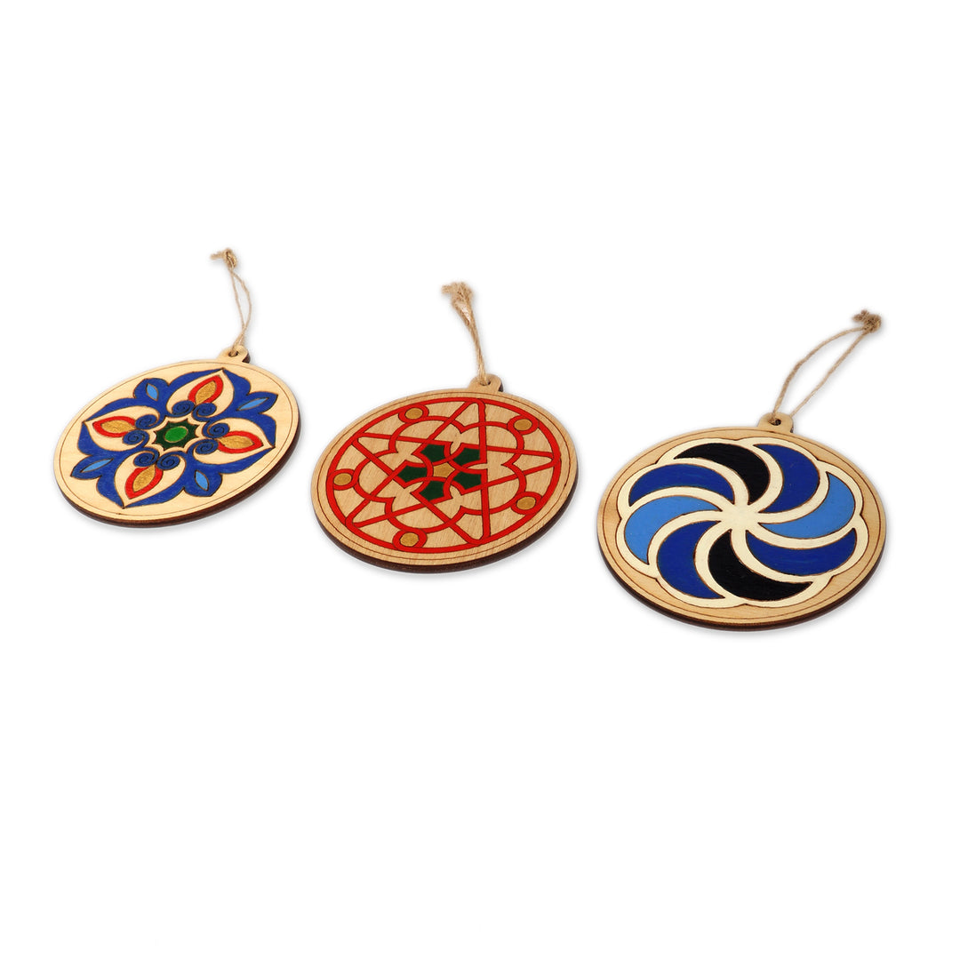 Set of 3 Folk Art-Themed Hand-Painted Round Wood Ornaments - Eternal Legacy