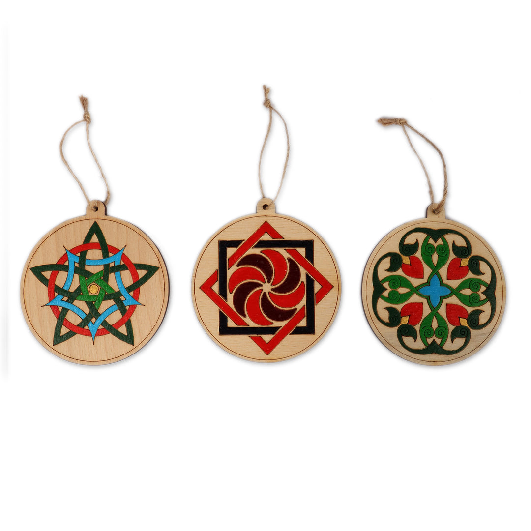 Armenian-Themed Set of 3 Hand-Painted Round Wood Ornaments - Palatial Signals