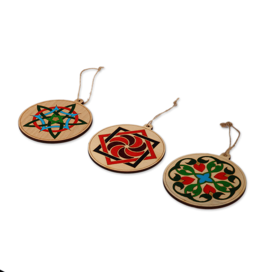 Armenian-Themed Set of 3 Hand-Painted Round Wood Ornaments - Palatial Signals